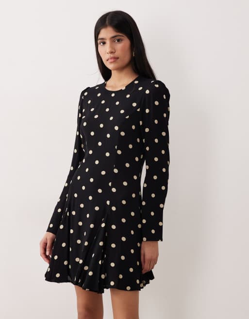Nobody's Child Paris cut out back fluted hem mini dress in black polka dot, 2 of 4