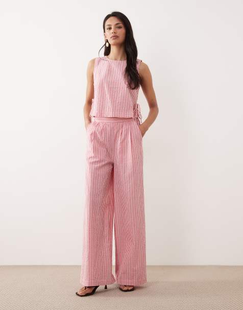 Nobody's Child - Parker - Gestreepte broek met halfhoge taille en wijde pijpen in roze, deel van co-ord set - view 1