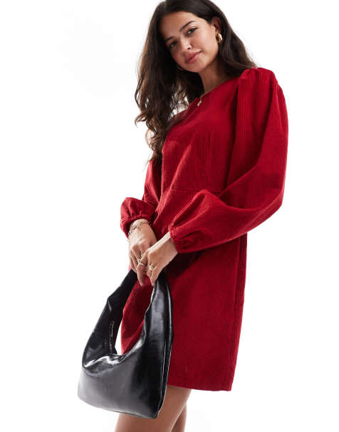 Nobody's Child Patras cord mini dress with balloon sleeve in red - view 1