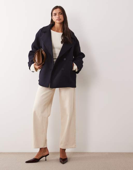 Nobody's Child Pea felt notch collar double breasted short line coat in navy, 2 of 4