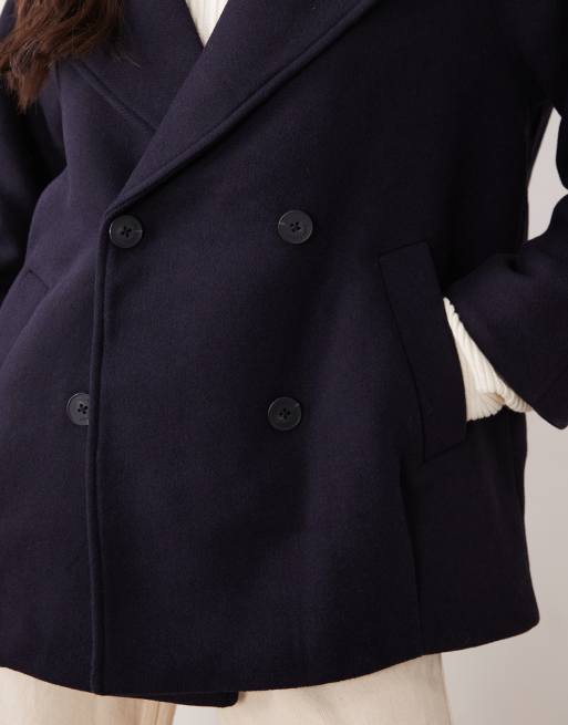 Nobody's Child Pea felt notch collar double breasted short line coat in navy, 3 of 4
