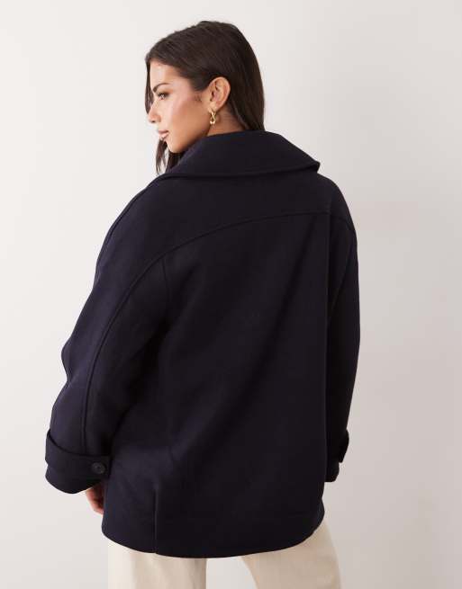 Nobody's Child Pea felt notch collar double breasted short line coat in navy, 4 of 4