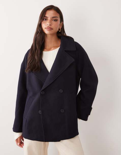 Nobody's Child Pea wool blend felt notch collar double breasted short line coat in navy - view 1