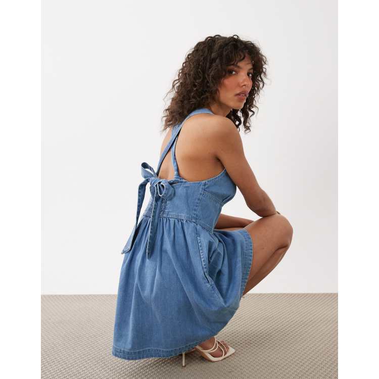 Nobody's Child Pedro denim square neck cross back mini dress in