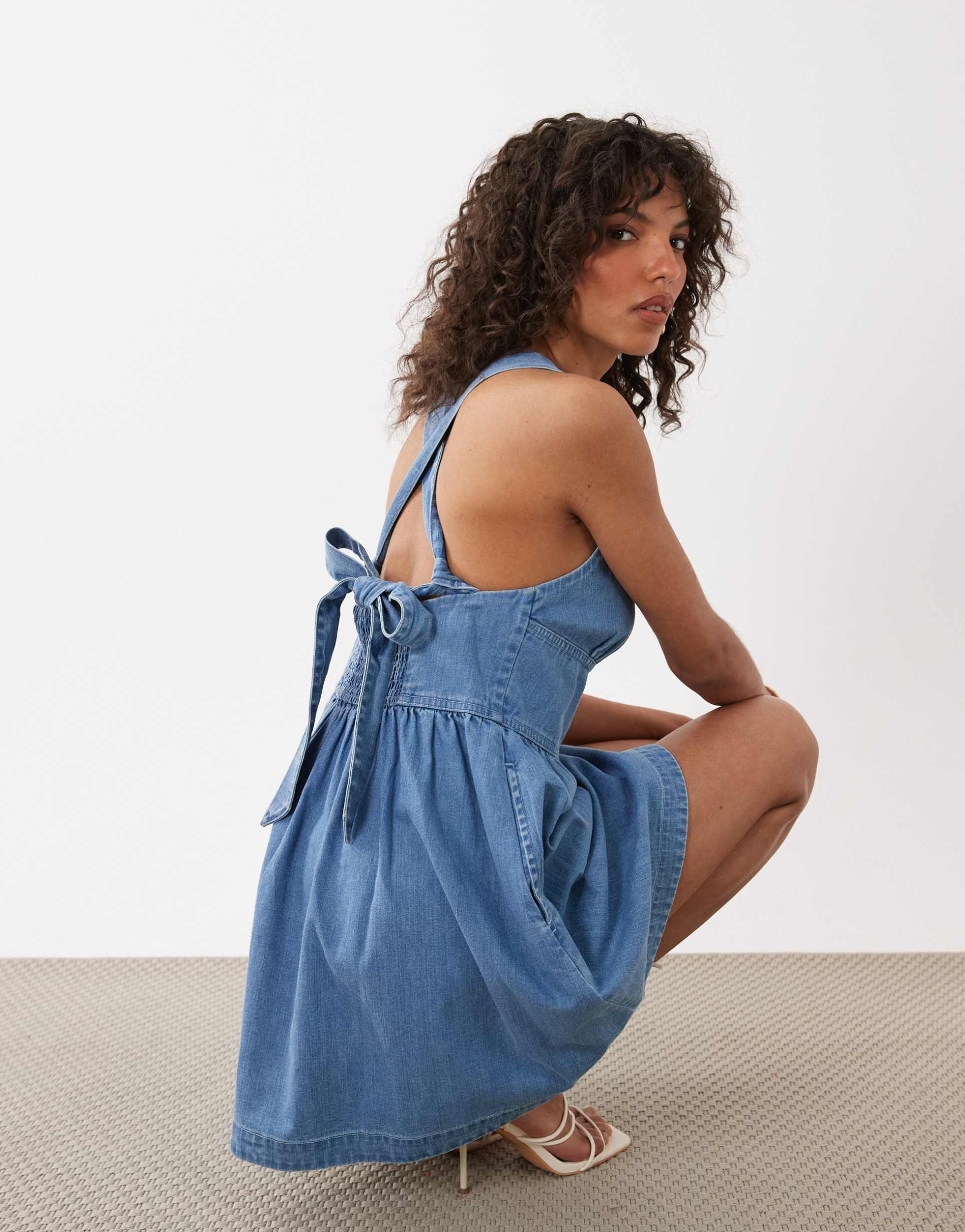 nobody's child pedro denim square neck cross back mini dress in blue
