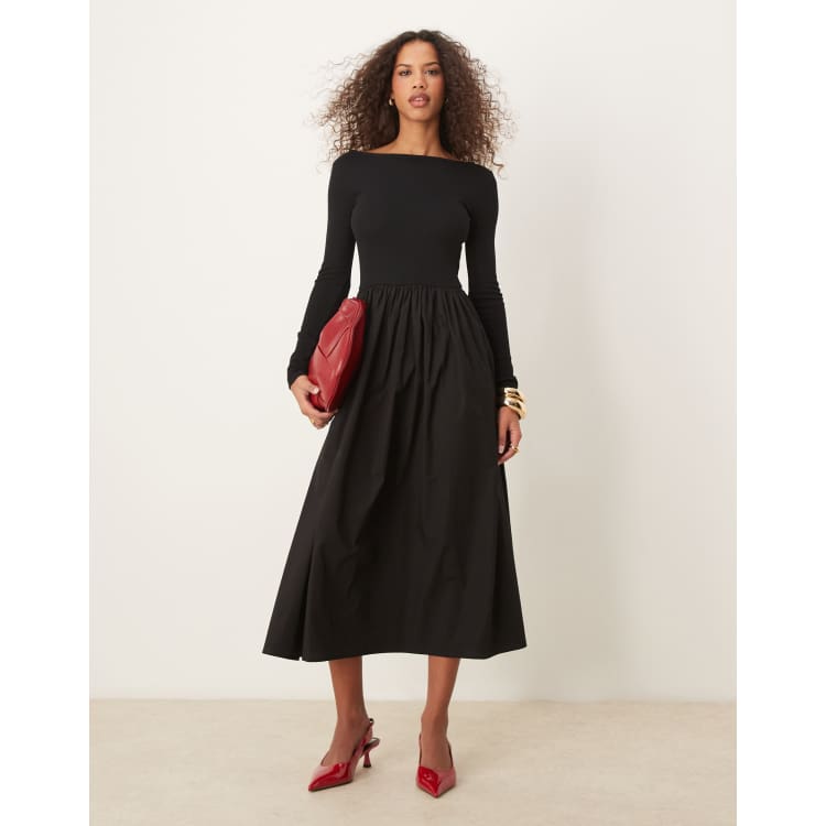 black long sleeve a-line penni midi dress Alison Black Square-Neck A-Line Midi Dress – Club L London
