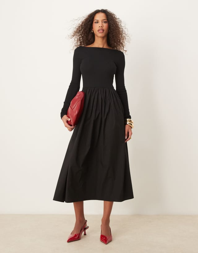 black long sleeve a-line penni midi dress Nobody's Child boat neck in Size:XS-L enghig18128 Off The Shoulder Draped * Made of quality