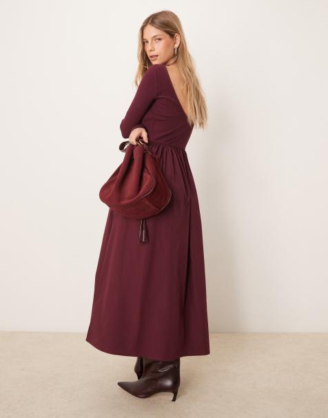 Nobody's Child Penni boat neck midi dress in burgundy - view 1