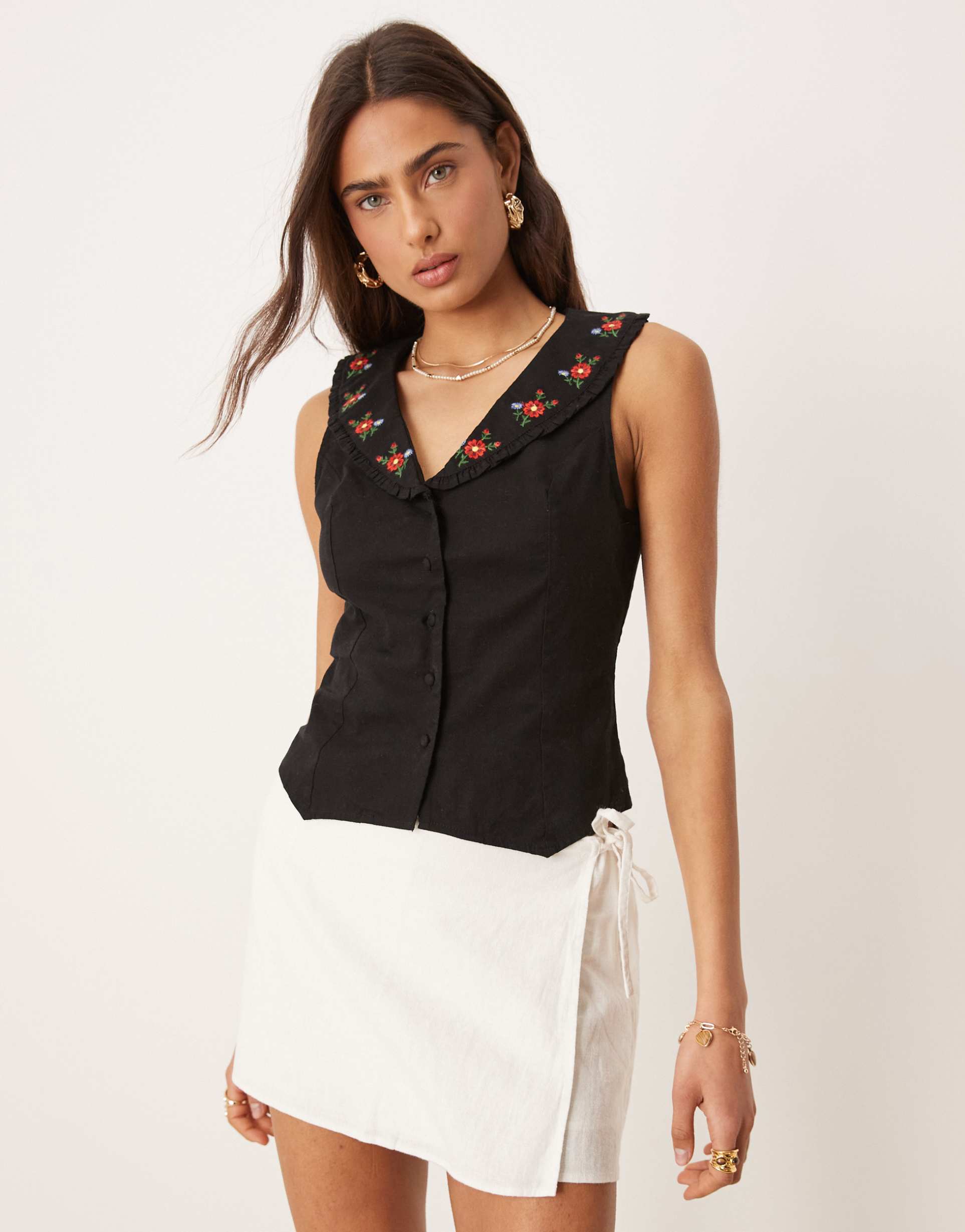 nobody's child penny embroidered collar crop top in black