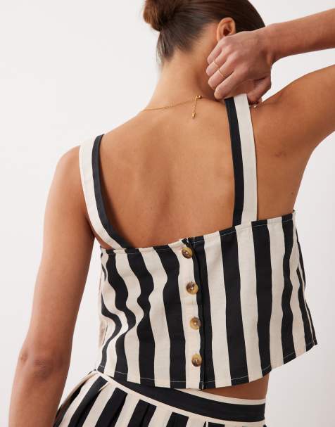 Nobody's Child Penrith button back detail linen blend cami top in black stripe - part of a set - view 1