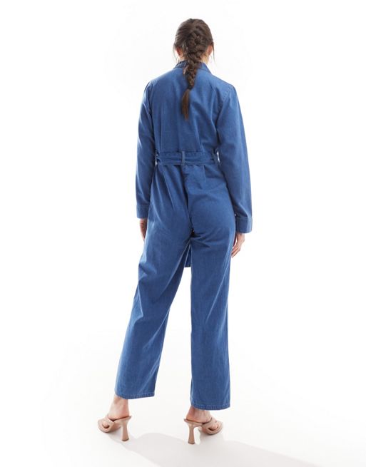 Whistles short sleeve jumpsuit with tie waist in blue denim