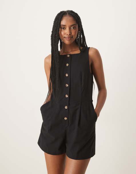 Nobody's Child – Peri – Svart playsuit med fyrkantig ringning och knappar - view 1