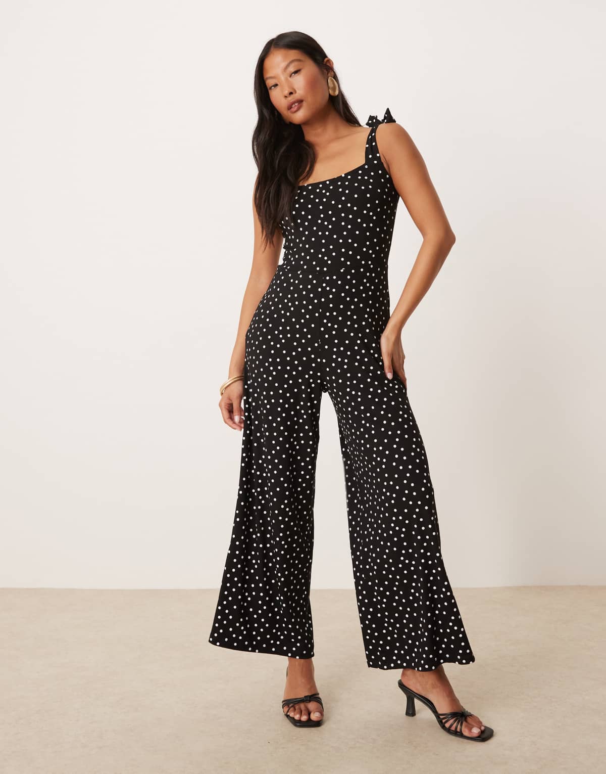 Nobody's Child Petite Adrian tie shoulder wide leg jumpsuit in black polka dot