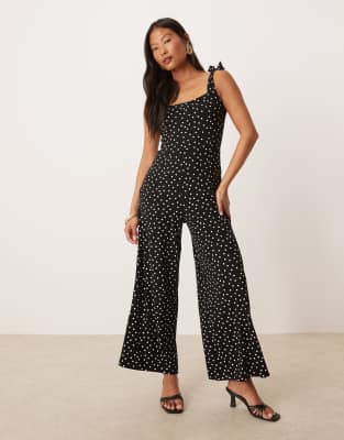 Adrian tie shoulders wide leg jumpsuit in black polka dot