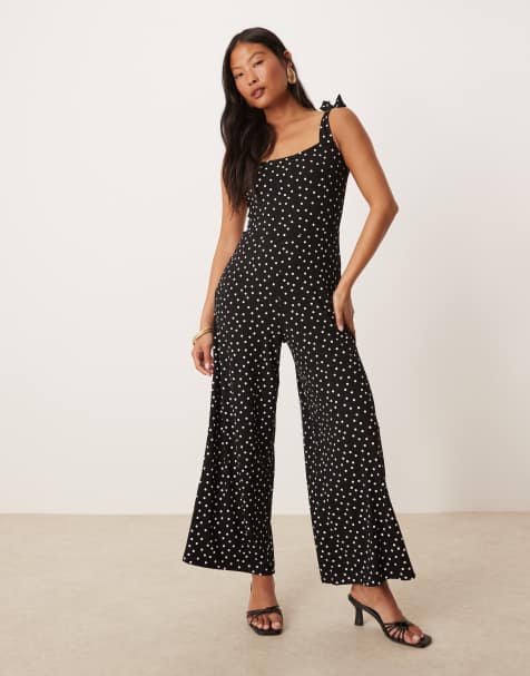 Nobody's Child Petite Adrian tie shoulders wide leg jumpsuit in black polka dot - view 1
