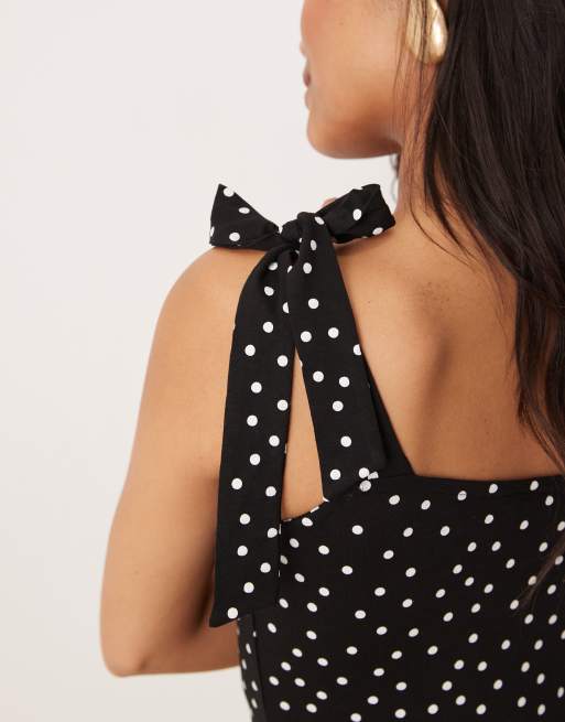 Nobody's Child Petite Adrian tie shoulders wide leg jumpsuit in black polka dot