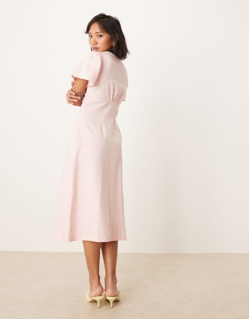 pink denim midi dress Pastel Pink Denim Retro Midi Dress MATISSA