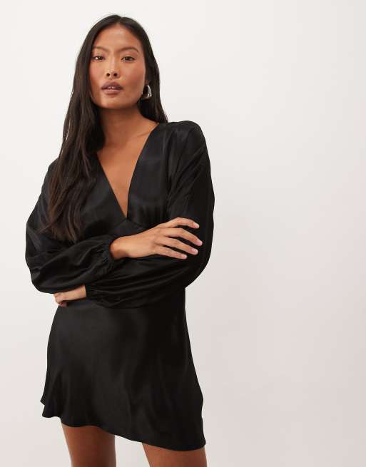 Nobody's Child Petite Allura plunge neck blouson sleeve mini dress in black