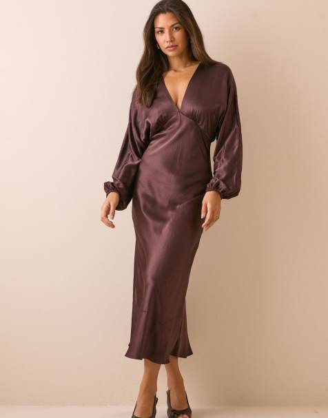 Nobody's Child Petite Allura satin plunge neck blouson sleeve midi dress in chocolate - view 1