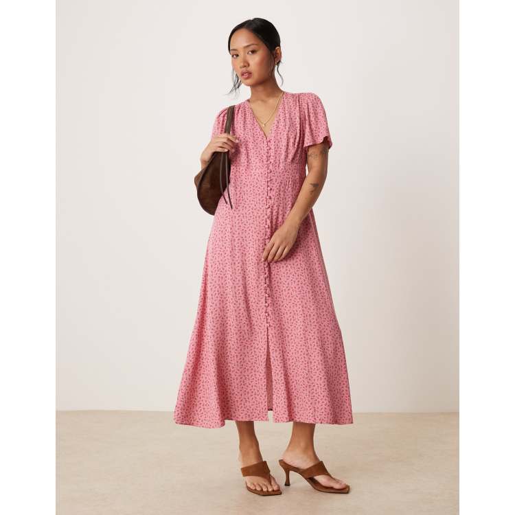 Nobody's Child Petite Andie button front midi tea dress in pink