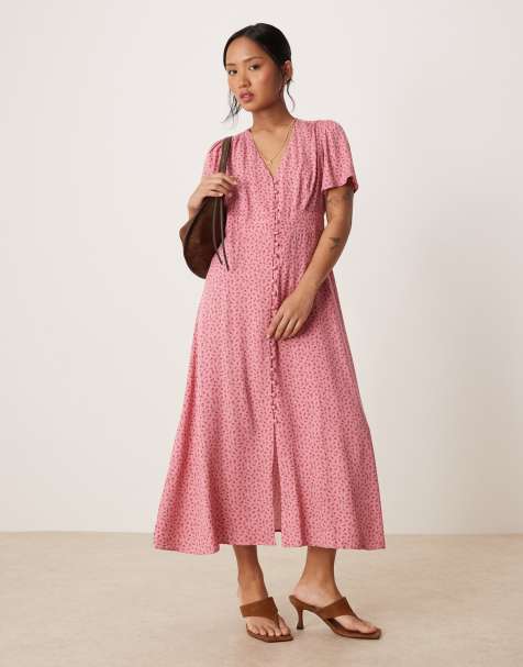 Nobody's Child Petite Andie button front midi tea dress in pink rosebud