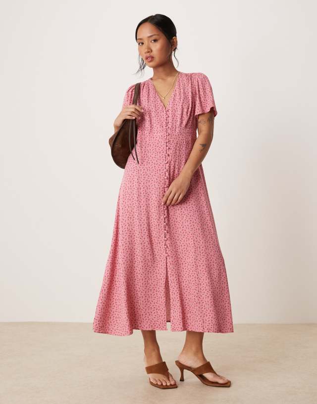 Nobody's Child Petite Andie button front midi tea dress in pink
