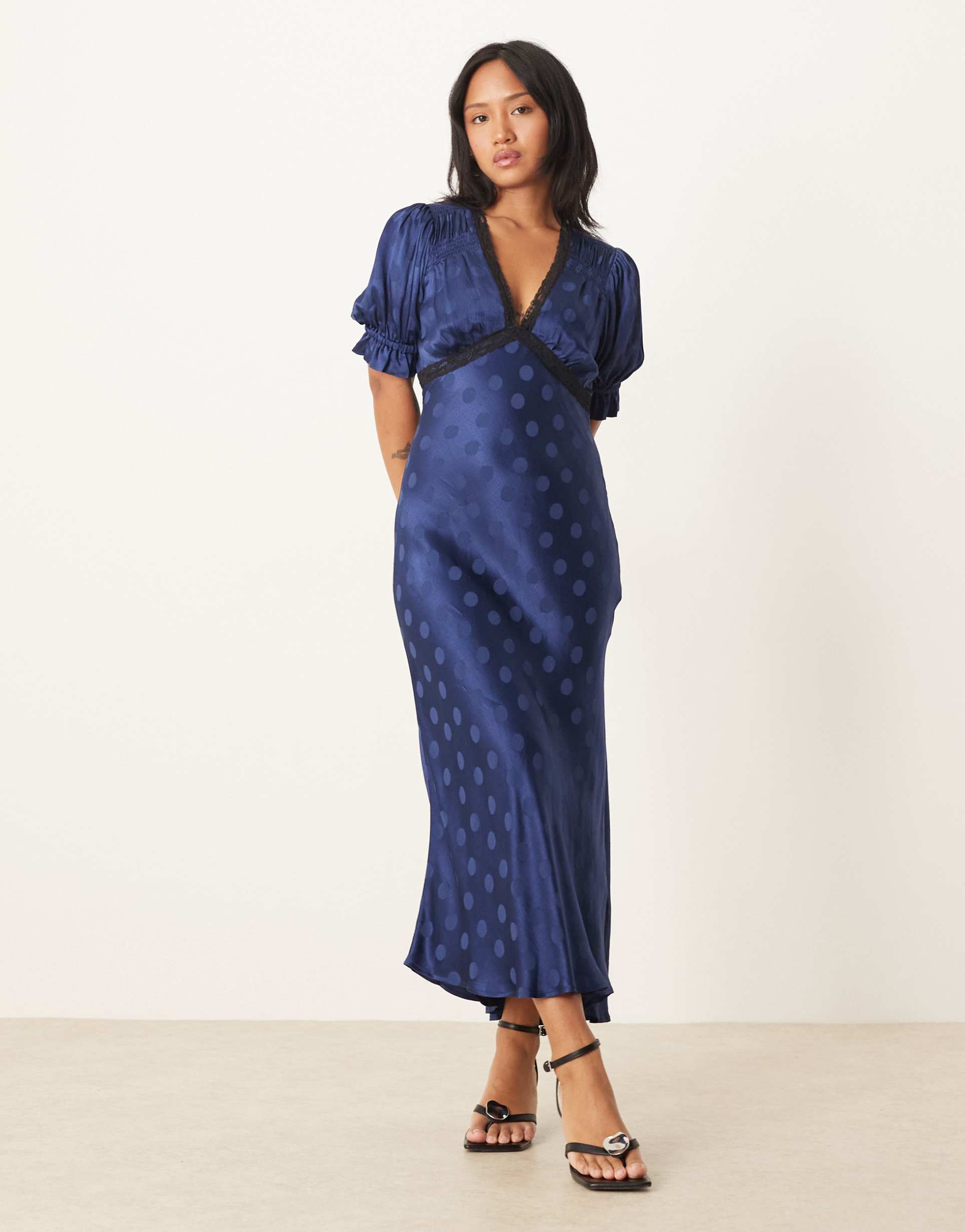 nobody's child petite angela lace trim midi dress in navy