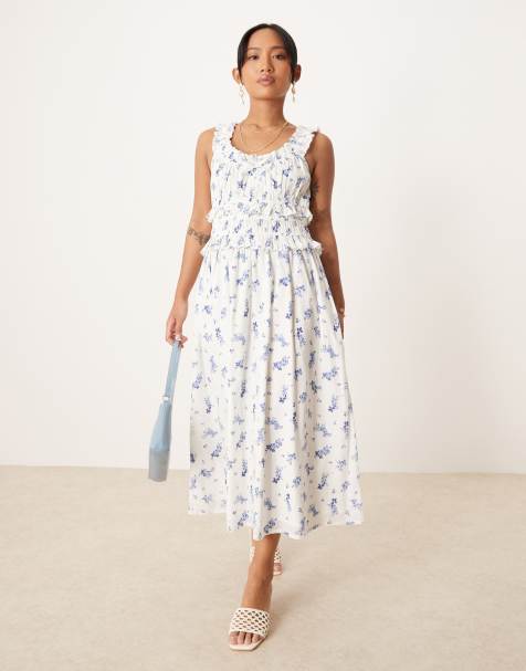 Nobody's Child Petite Ariel ruffle detail midi dress in white and blue floral - view 1