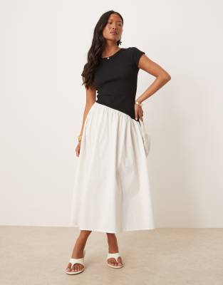 asymmetric waist midi dress in black and white contrast-Multi