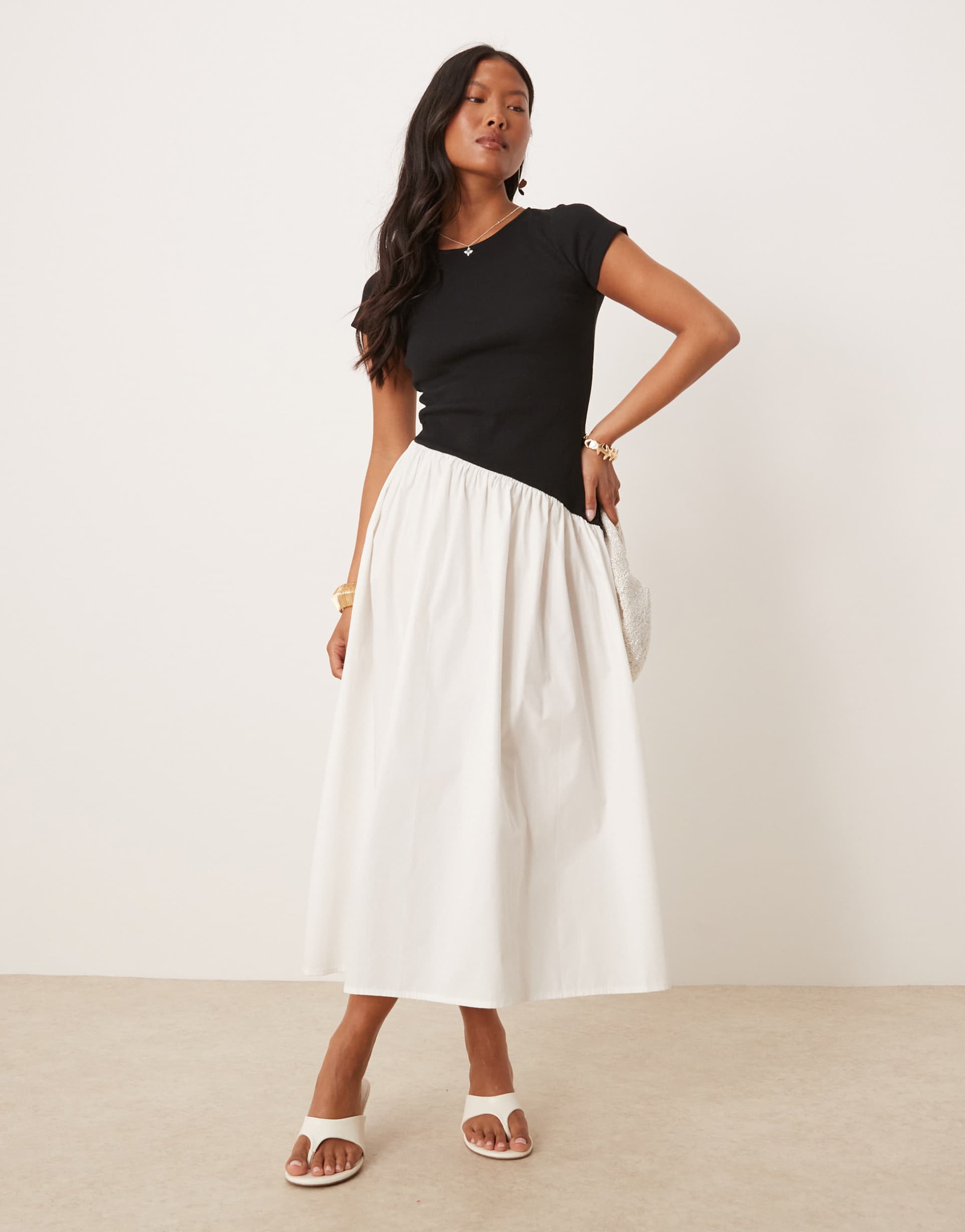nobody's child petite asymmetric waist midi dress in black and white contrast