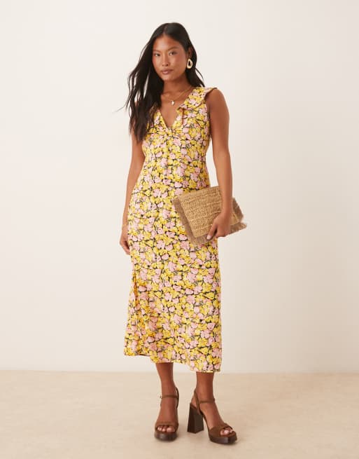 Nobody's Child - Petite - Beck - Midi jurk met ruches op de schouders en bloemenprint in geel en roze