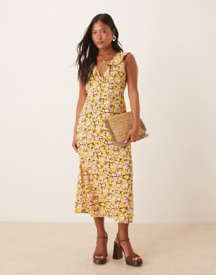 Nobody's Child Petite Nobody's Child Petite Beck ruffle shoulder midi dress in yellow and pink floral-Multi