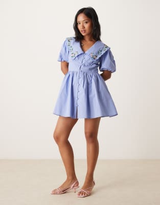 Nobody's Child Petite Birdie Embroidered Collar Mini Dress In Blue