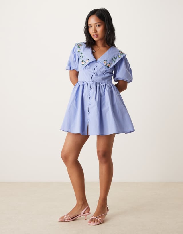 Nobody's Child Petite birdie embroidered collar mini dress in blue