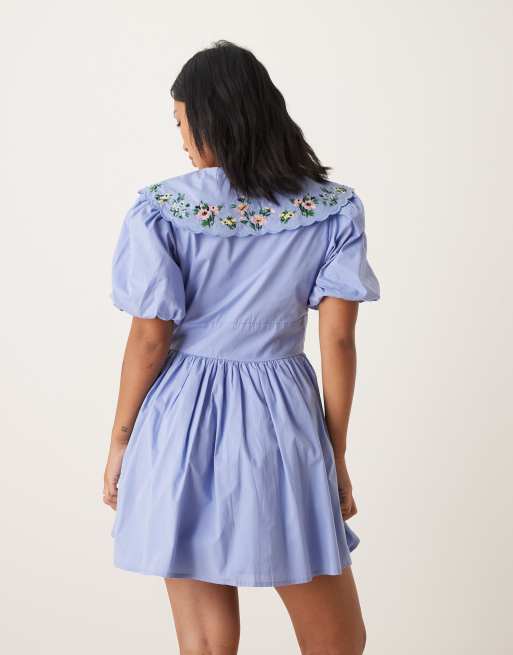 birdie blue dress Nobody's Child Petite embroidered collar mini in button placket