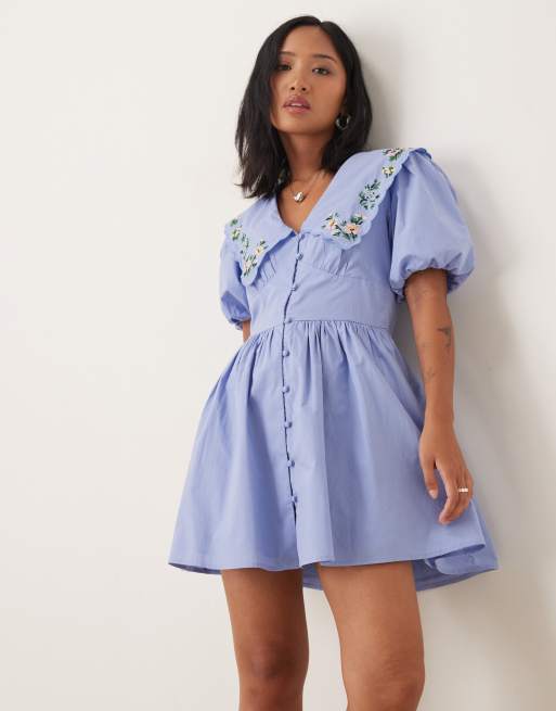 Nobody's Child Petite birdie embroidered collar mini dress in blue | ASOS