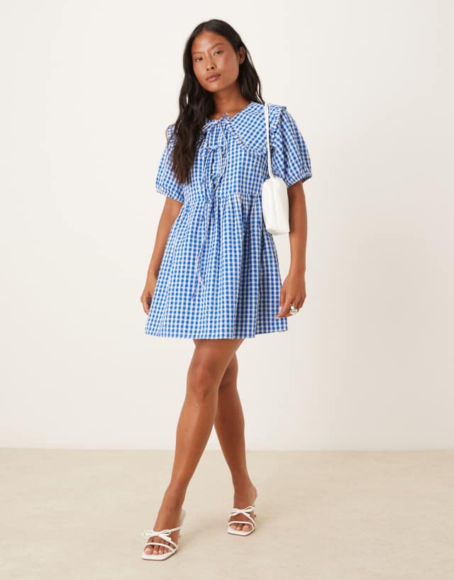 Nobody's Child Petite Blaze collar mini dress in blue gingham | ASOS