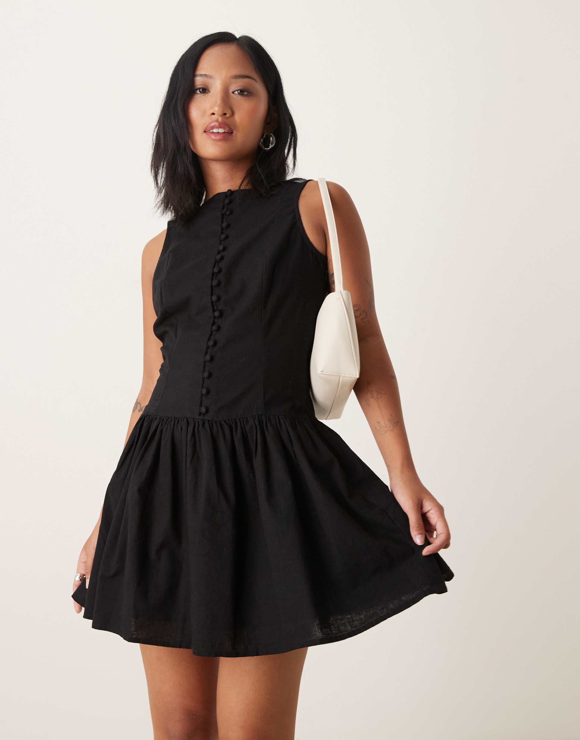 nobody's child petite claudia button front mini dress in black