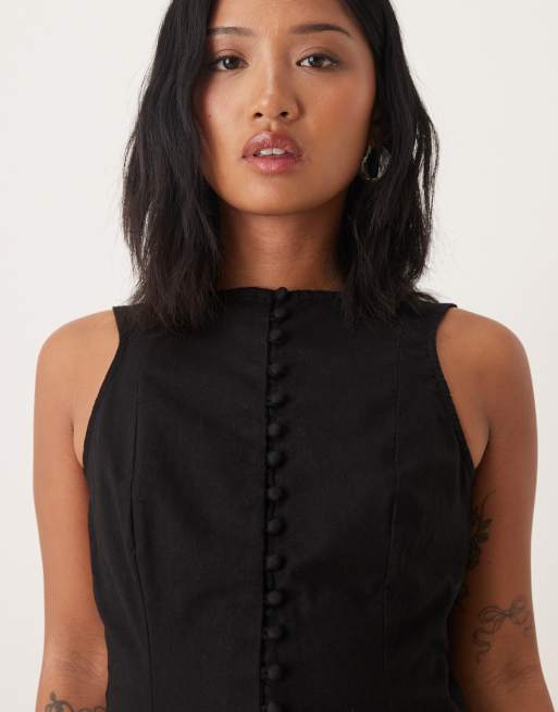 Nobody's Child Petite claudia button front mini dress in black, 3 of 4