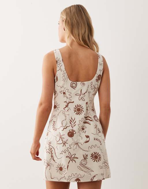 Nobody's Child Petite Connie linen blend square neck shift mini dress in  cream print | ASOS