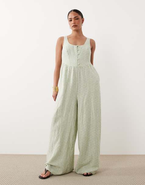 Nobody's Child Petite - Cora - Grøn jumpsuit i hørblanding med knapper og striber - view 1