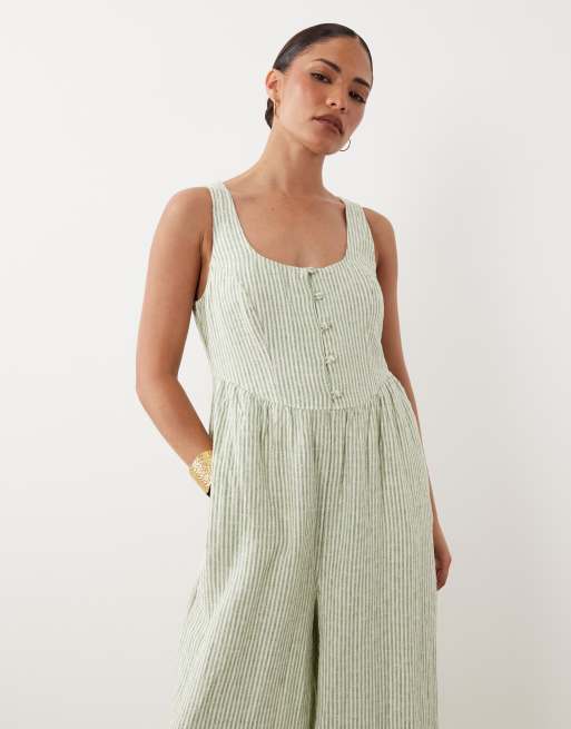 Nobody's Child Petite Cora linen mix button front jumpsuit in green stripe, 2 of 4