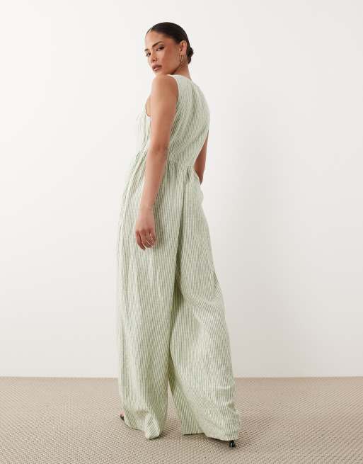 Nobody's Child Petite Cora linen mix button front jumpsuit in green stripe, 3 of 4