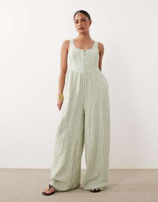 Nobody's Child Petite Cora Linen Mix Button Front Jumpsuit In Green