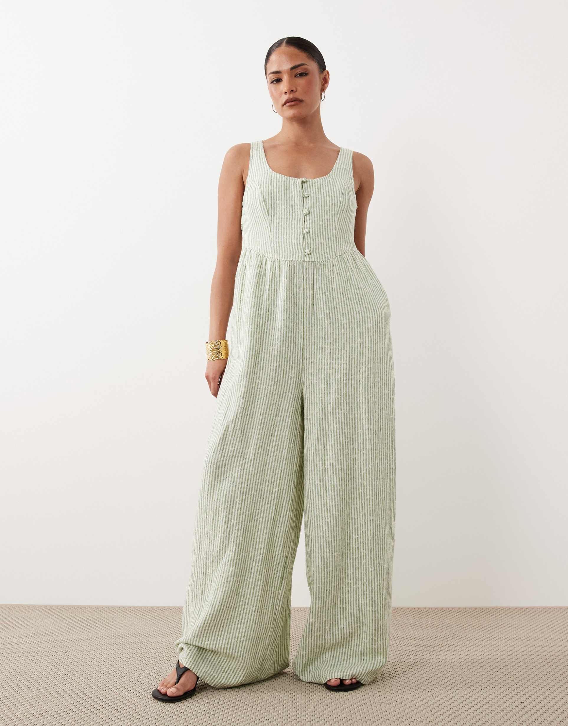 nobody's child petite cora linen mix button front jumpsuit in green stripes