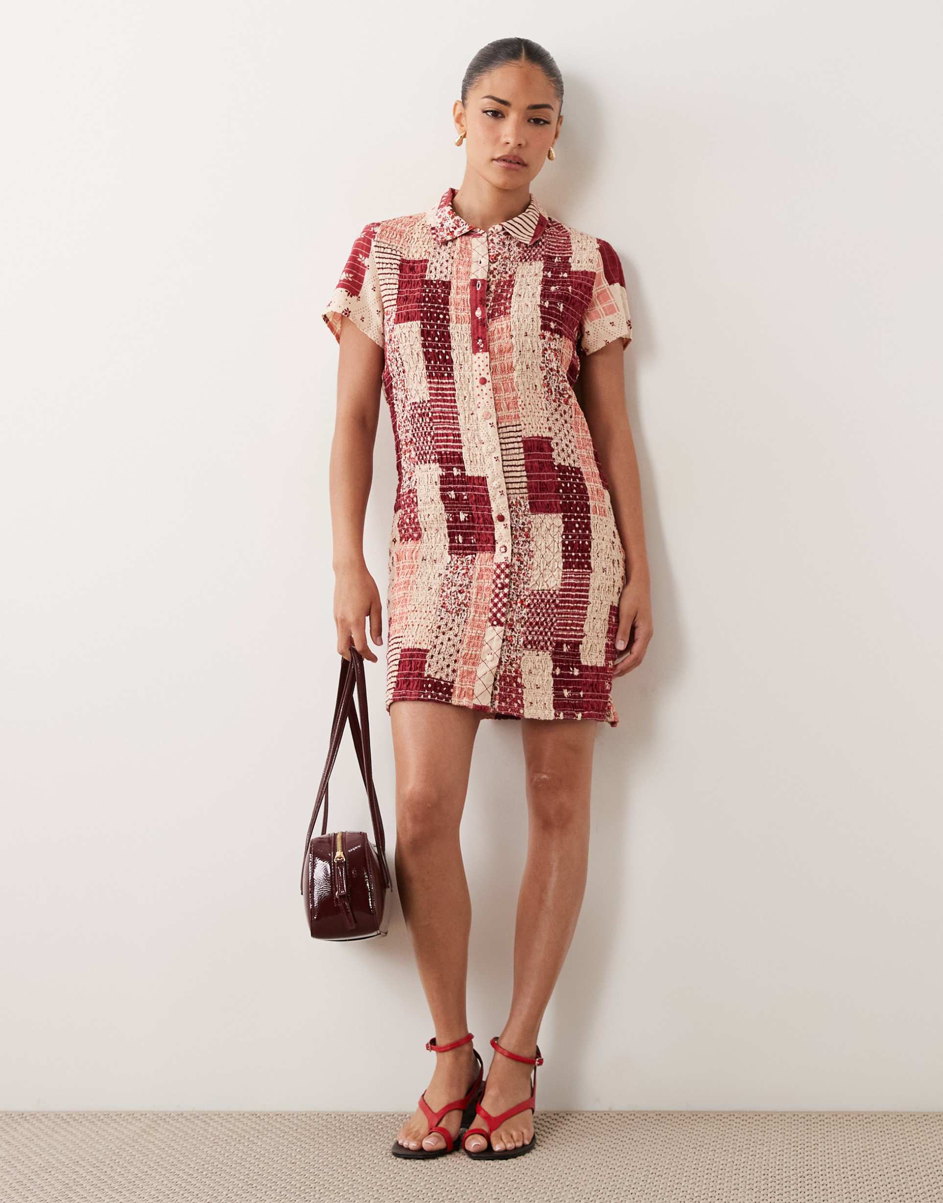 nobody's child petite cotton flutter sleeve mini shirt dress in red vintage patchwork