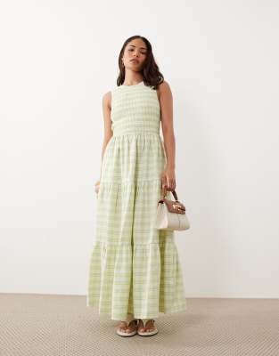 Nobody's Child Petite Cotton Shirred Bodice Tiered Skirt Maxi Dress In Green