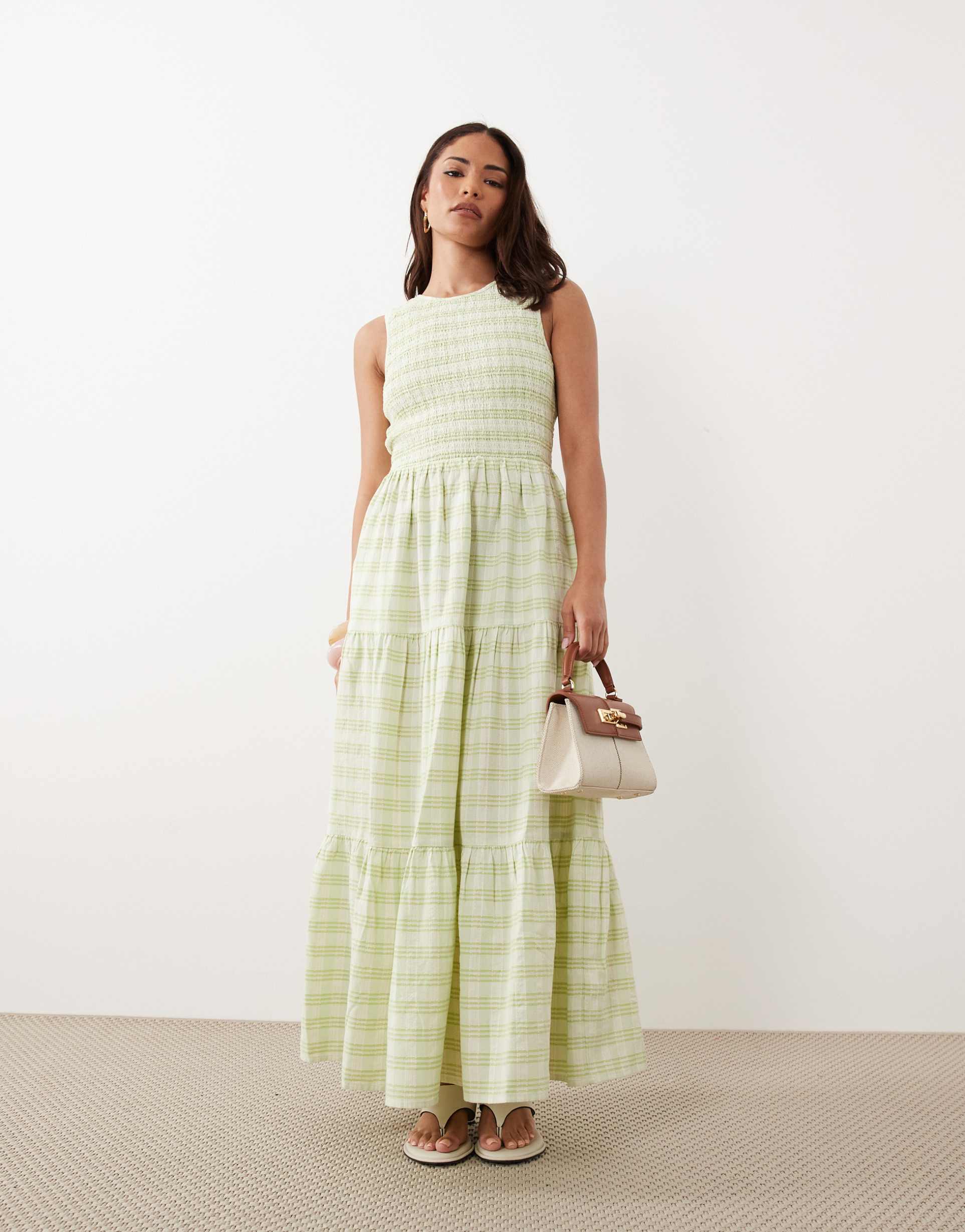 nobody's child petite cotton shirred bodice tiered skirt maxi dress in light green gingham