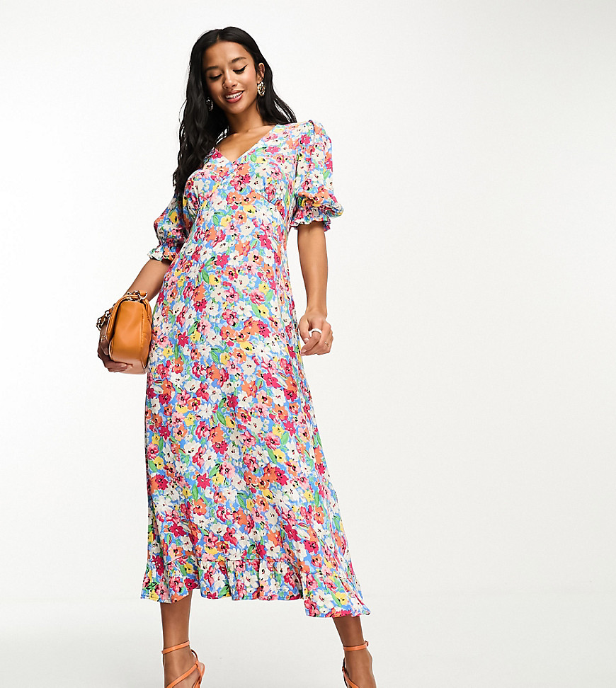 Nobody’s Child Petite Delilah puff sleeve midi dress in bright floral-Blue