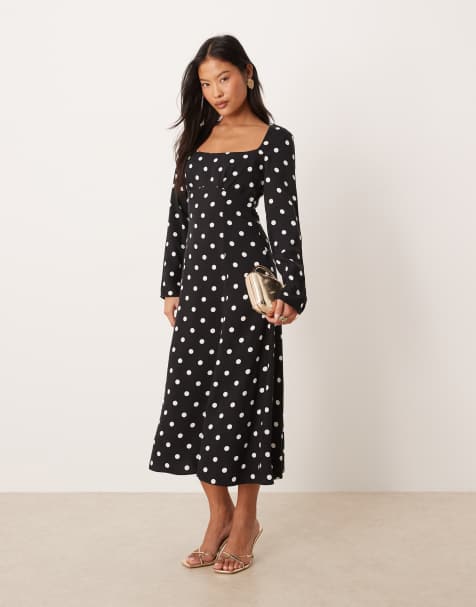 Nobody's Child Petite Delilah square neck midi dress in black spot